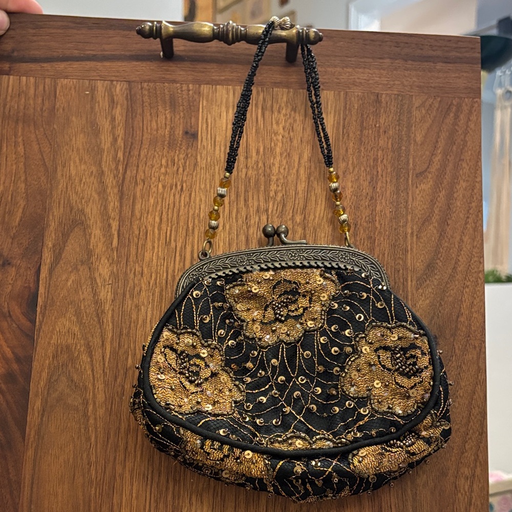 Vintage Christiana Black and Gold Floral Embroidered Clutch- beaded